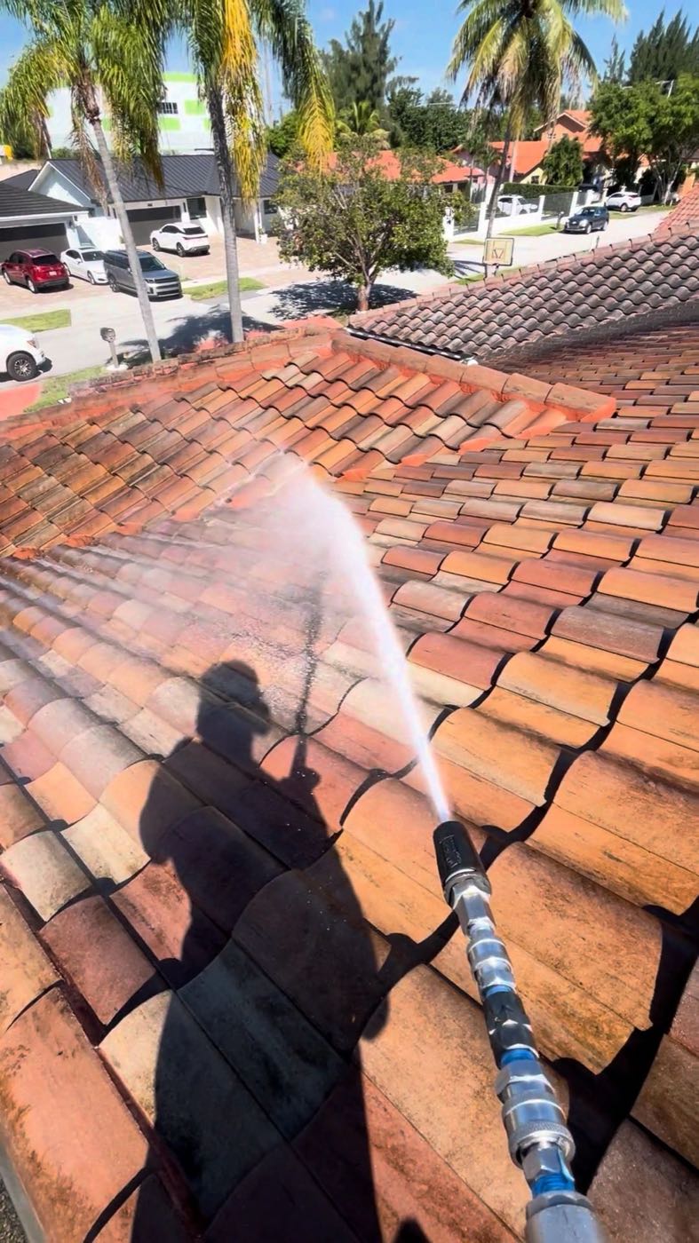 Close-up of a tile roof being rinsed, clean tiles beside dark, dirty ones