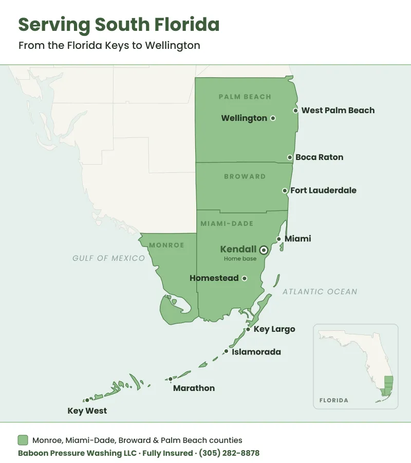 Mapa del sur de la Florida con los condados de Monroe, Miami-Dade, Broward y Palm Beach en verde, marcando Key West, Marathon, Islamorada, Key Largo, Homestead, Kendall, Miami, Fort Lauderdale, Boca Raton, West Palm Beach y Wellington