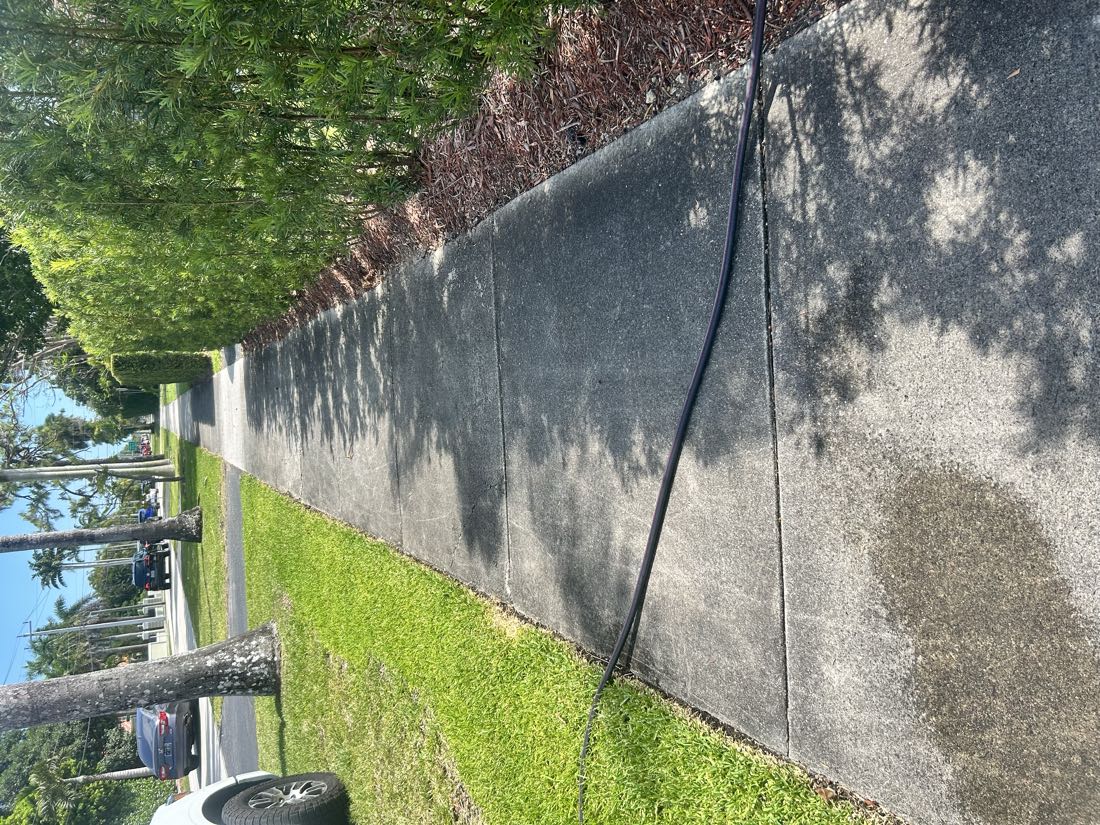 Before: a long concrete sidewalk with dark grime and mildew